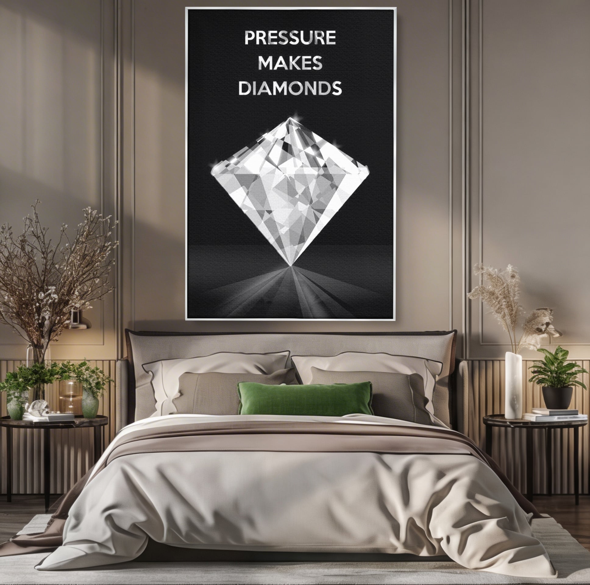 Tablou canvas cu tablou motivational cu diamant argintiu, in rama de aluminiu argintiu, pe perete intr-un dormitor